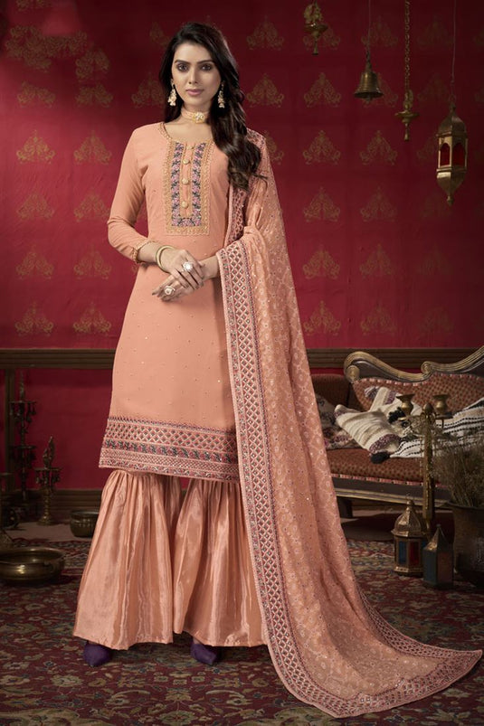 Orange Color Georgette Fabric Party Wear Sharara Suit With Embroidered Work