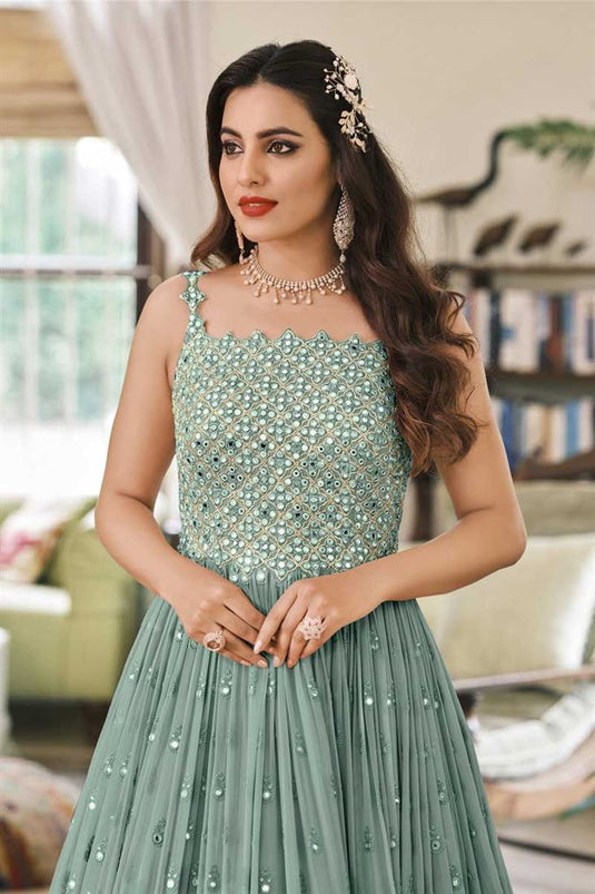 Astounding Sangeet Wear Georgette Fabric Sea Green Color Embroidered Work Anarkali Suit With Net Dupatta