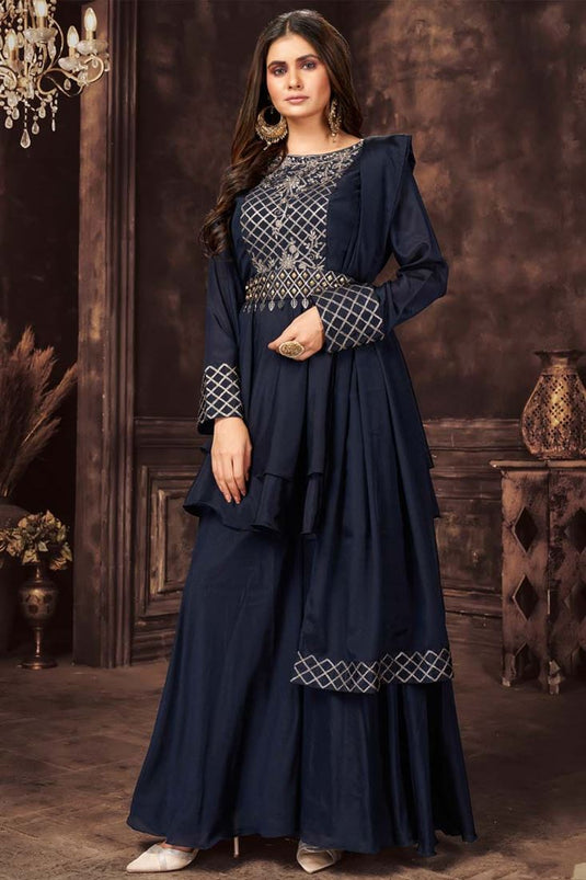 Chinon Fabric Enthralling Navy Blue Color Party Wear Readymade Salwar Suit With Embroidered Work