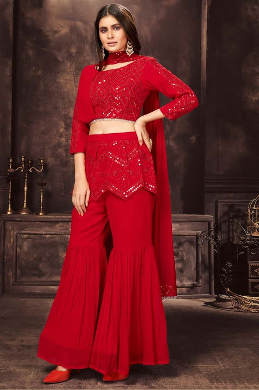 Sequins Work Party Wear Red Color Georgette Fabric Admirable Readymade Salwar Suit