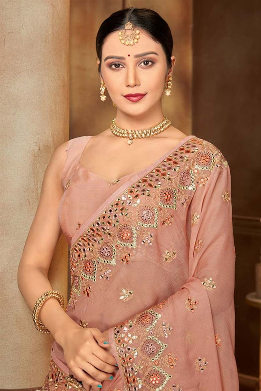 Festival Wear Chiffon Fabric Peach Color Magnificent Saree With Embroidered Work