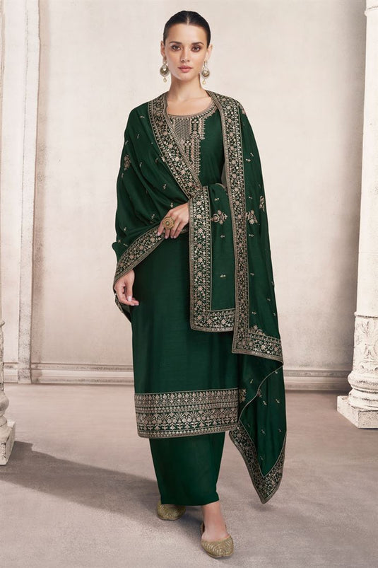 Chinon Fabric Dark Green Color Mesmeric Palazzo Suit