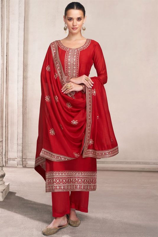 Red Color Chinon Fabric Fetching Palazzo Suit