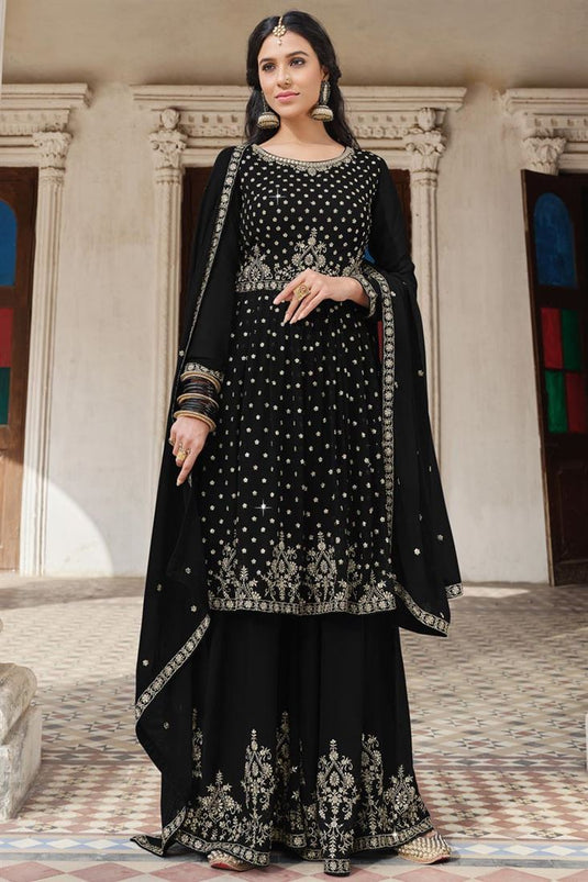 Georgette Fabric Embroidered Work Stunning Palazzo Suit In Black Color