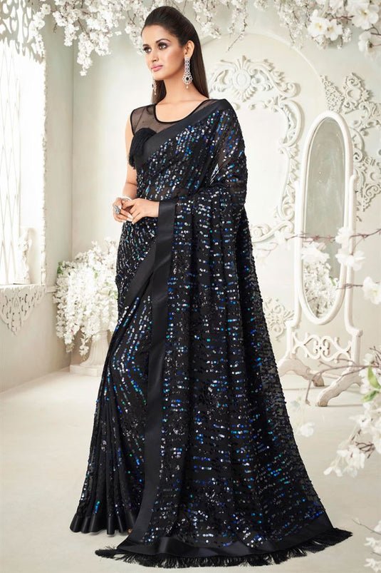 Georgette Fabric Party Look Luxurious Sequins Work Saree In Black Color