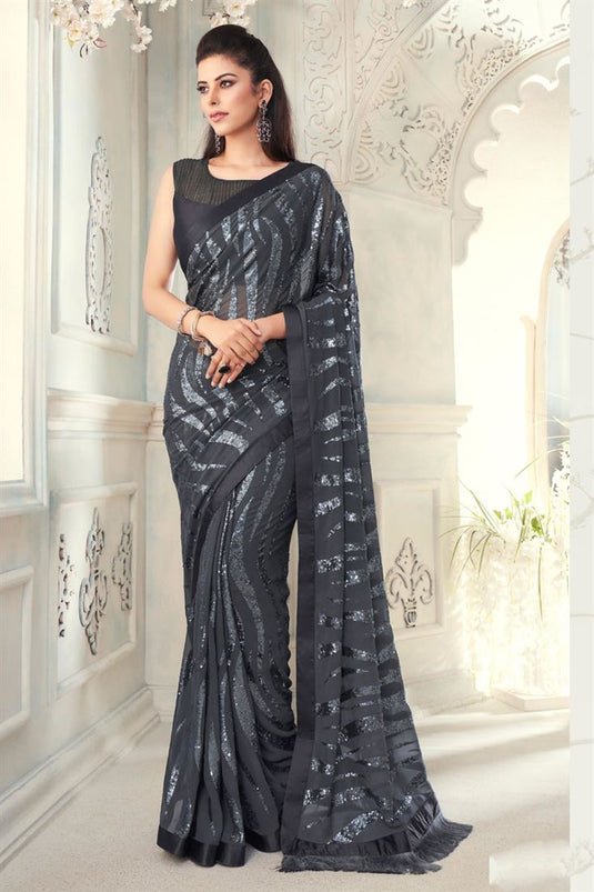 Party Style Georgette Fabric Grey Color Supreme Sequins Work Saree