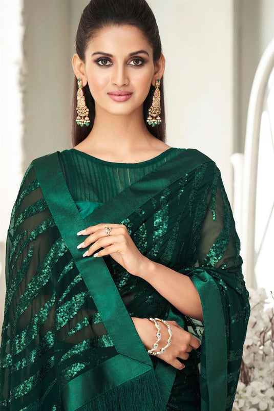 Dark Green Color Party Style Georgette Fabric Dazzling Sequins Work Saree