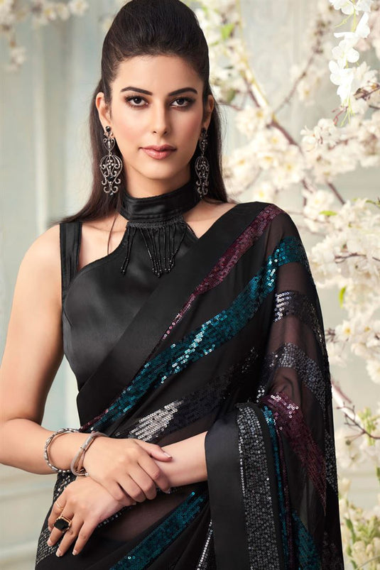 Georgette Fabric Party Style Black Color Tempting Sequins Work Saree