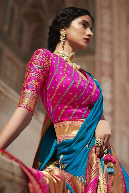 Beauteous Function Wear Cyan Color Weaving Work Saree In Art Silk Fabric