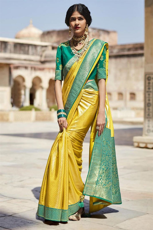 Weaving Work Yellow Color Art Silk Fabric Adorming Function Wear Saree