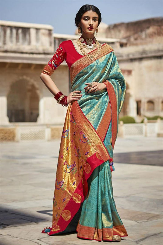 Weaving Work Cyan Color Art Silk Fabric Function Wear Mesmeric Saree