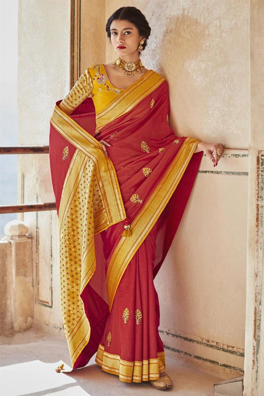 Function Wear Red Color Weaving Work Inventive Saree In Art Silk Fabric