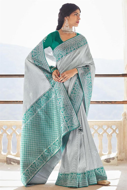 Weaving Work Grey Color Art Silk Fabric Engaging Function Wear Saree