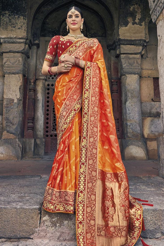 Orange Color Silk Fabric Weaving Work Function Wear Stylish Saree