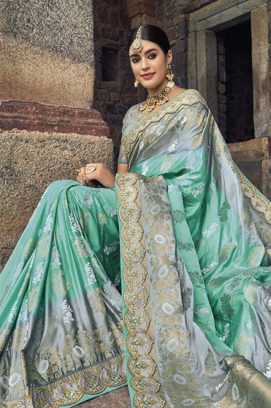 Silk Fabric Weaving Work Cyan Color Wedding Wear Fancy Saree