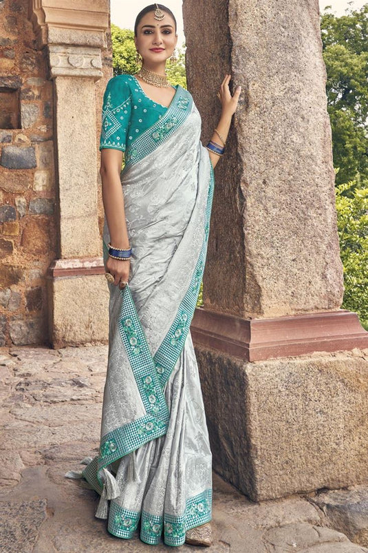 Grey Color Trendy Weaving Work Silk Fabric Party Wear Saree