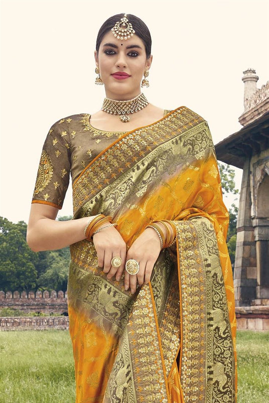 Designer Weaving Work Silk Fabric Mustard Color Sangeet Wear Saree