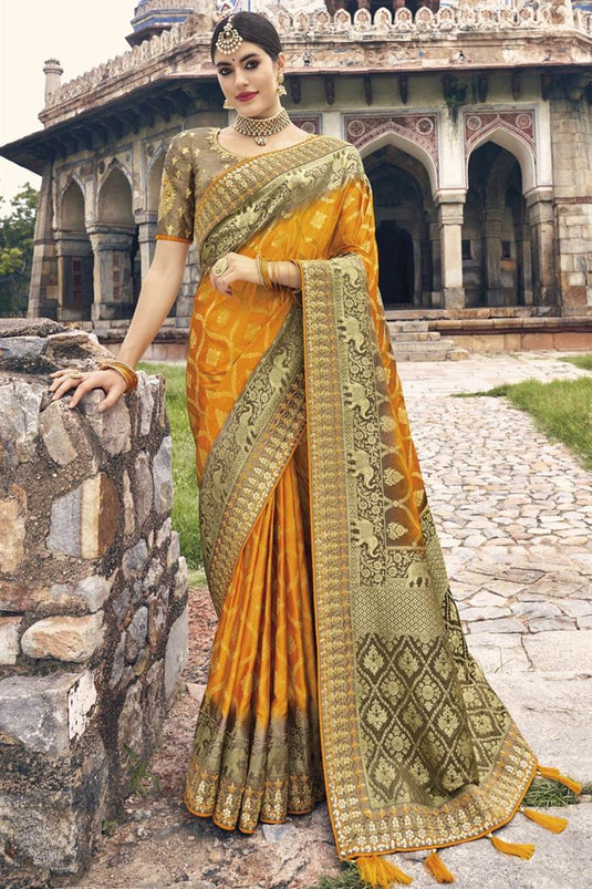 Designer Weaving Work Silk Fabric Mustard Color Sangeet Wear Saree