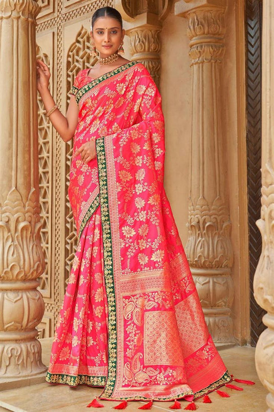 Banarasi Style silk Fabric On Pink Color Gorgeous Saree With Weaving Work