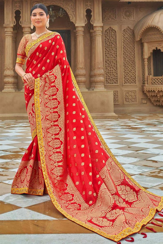 Blazing Red Color Banarasi Style silk Fabric Weaving Work Saree