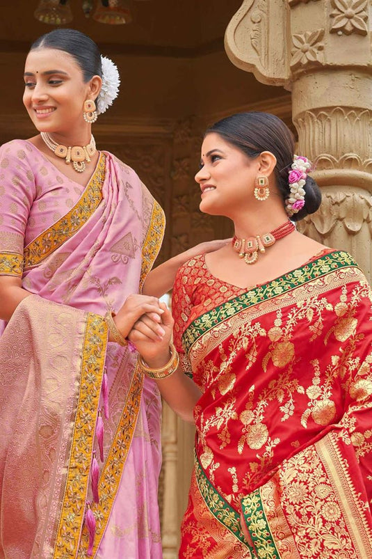 Banarasi Style silk Fabric Red Color Weaving Work Graceful Saree