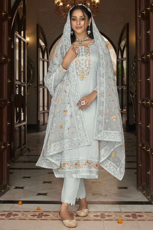 Light Cyan Color Viscose Fabric Embroidered Stunning Salwar Suit