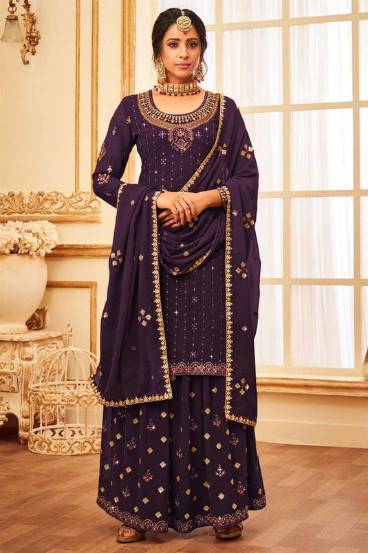 Attractive Georgette Fabric Sangeet Wear Sharara Top Lehenga In Purple Color