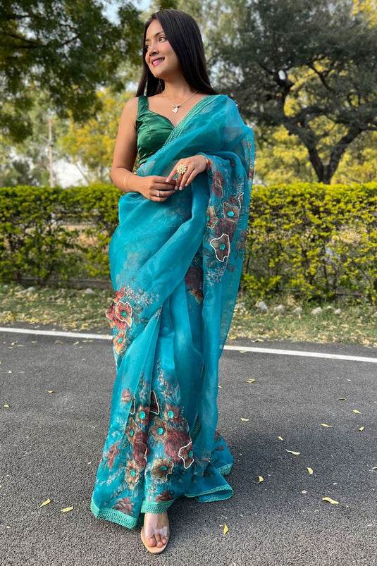 Cyan Color Organza Fabric Tempting Digital Printed Saree