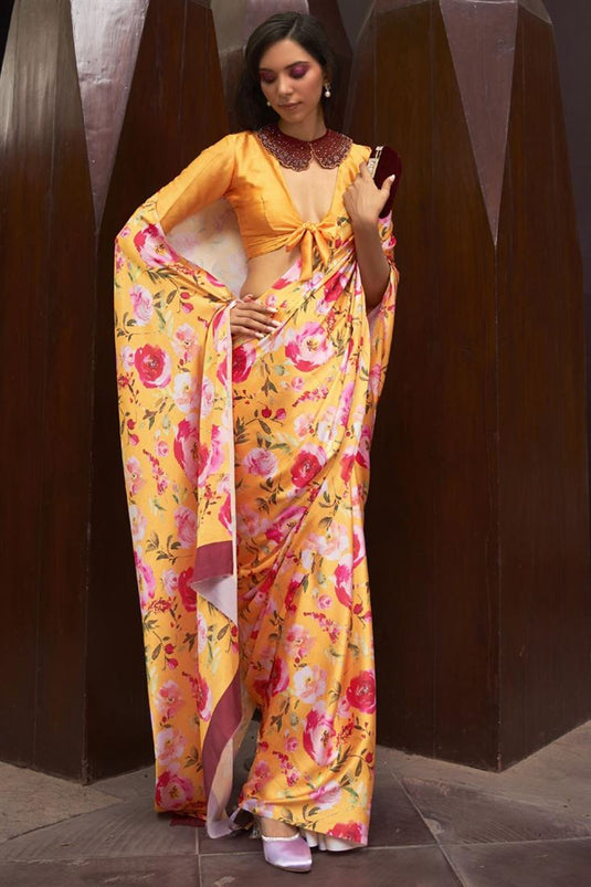 Appealing Orange Color Satin Fabric Floral Printed Saree