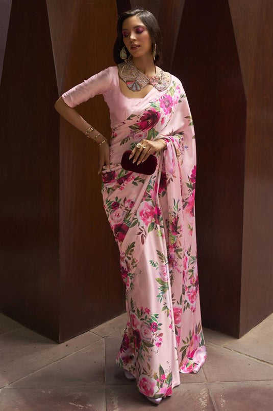 Satin Fabric Peach Color Fascinating Floral Printed Saree