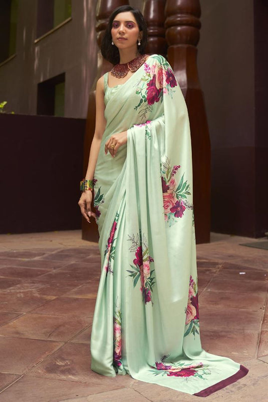 Satin Fabric Sea Green Color Ingenious Floral Printed Saree