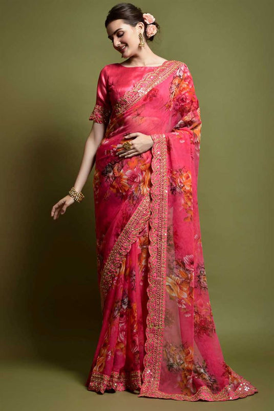 Splendid Chiffon Fabric Printed Saree In Pink Color