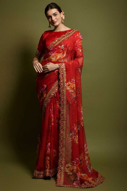 Excellent Printed Chiffon Fabric Red Color Saree