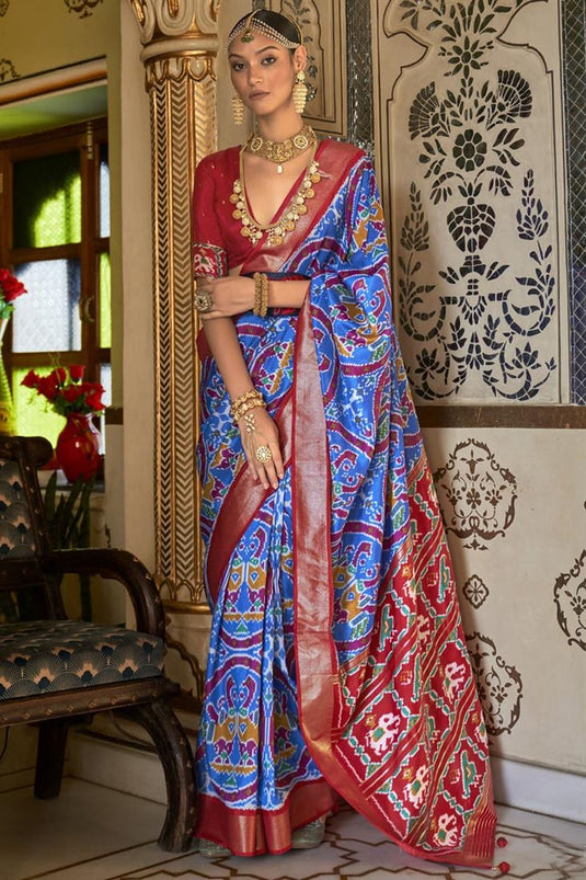 Blue Color Pleasant Art Silk Patola Printed Saree