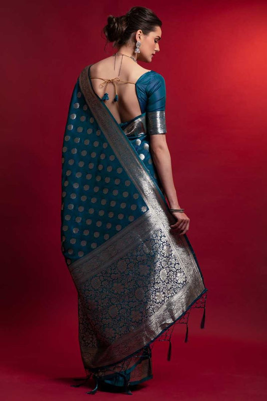 Art Silk Fabric Teal Color Elegant Festive Look Saree