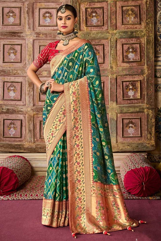 Charming Teal Color Art Silk Fabric Saree In Wedding Wear