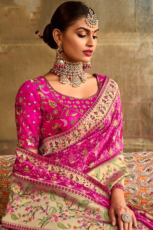 Mesmeric Pink Color Wedding Wear Saree In Art Silk Fabric