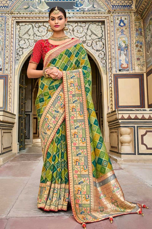 Radiant Wedding Wear Green Color Art Silk Fabric Saree