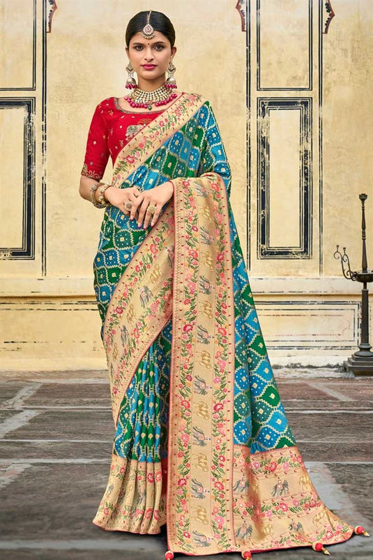 Incredible Wedding Wear Art Silk Fabric Cyan Color Saree