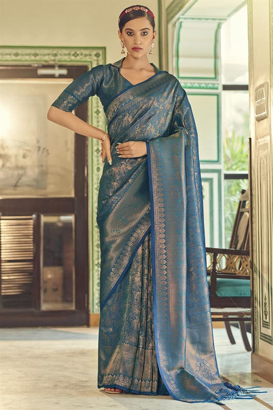 Teal Color Art Silk Fabric Patterned Weaving Work Saree