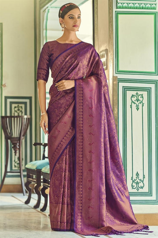 Lavender Color Art Silk Fabric Admirable Weaving Work Saree