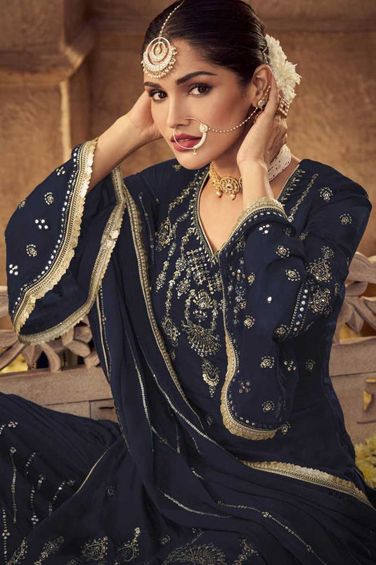 Vartika Singh Georgette Fabric Navy Blue Color Winsome Palazzo Suit