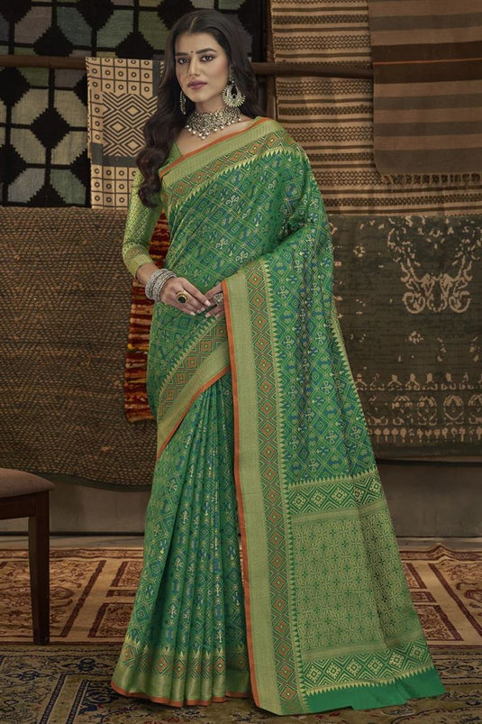 Weaving Work On Green Color Awesome Art Silk Saree