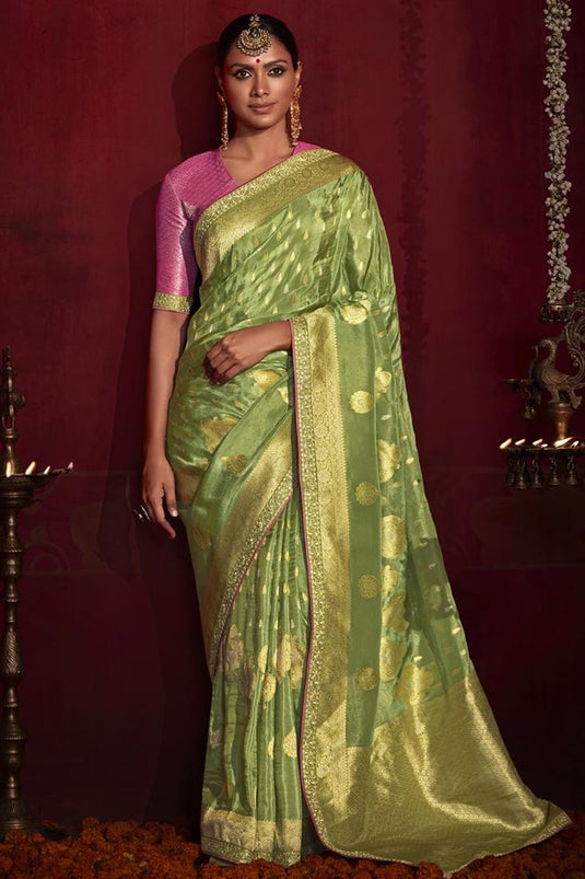 Radiant Green Color Art Silk Fabric Weaving Work Saree