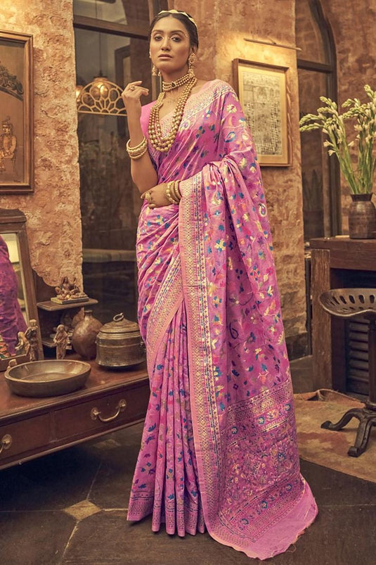 Printed Work Radiant Pink Color Kashmiri Silk Fabric Saree