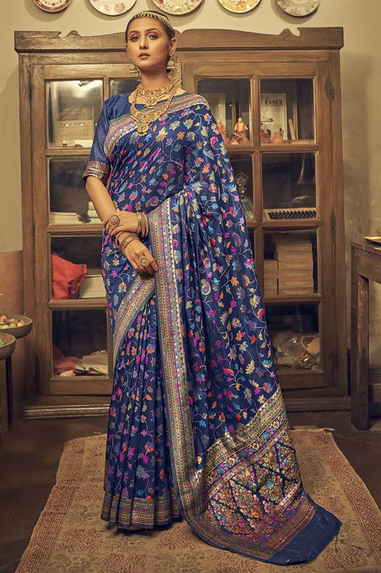 Excellent Kashmiri Silk Fabric Blue Color Printed Saree