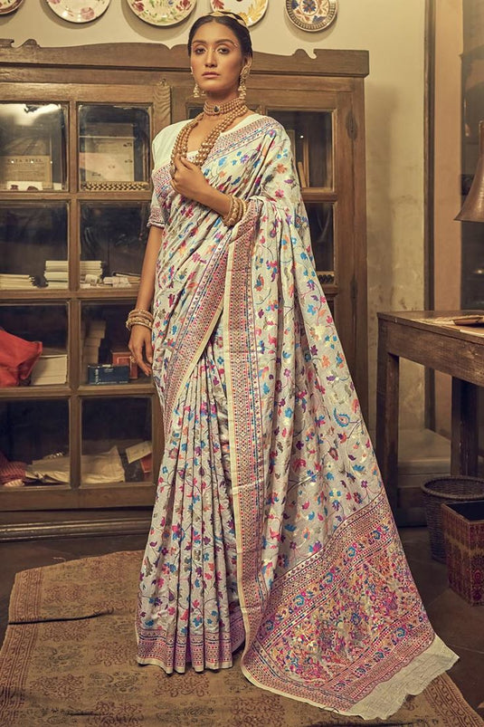 Cream Color Kashmiri Silk Fabric Stunning Printed Saree