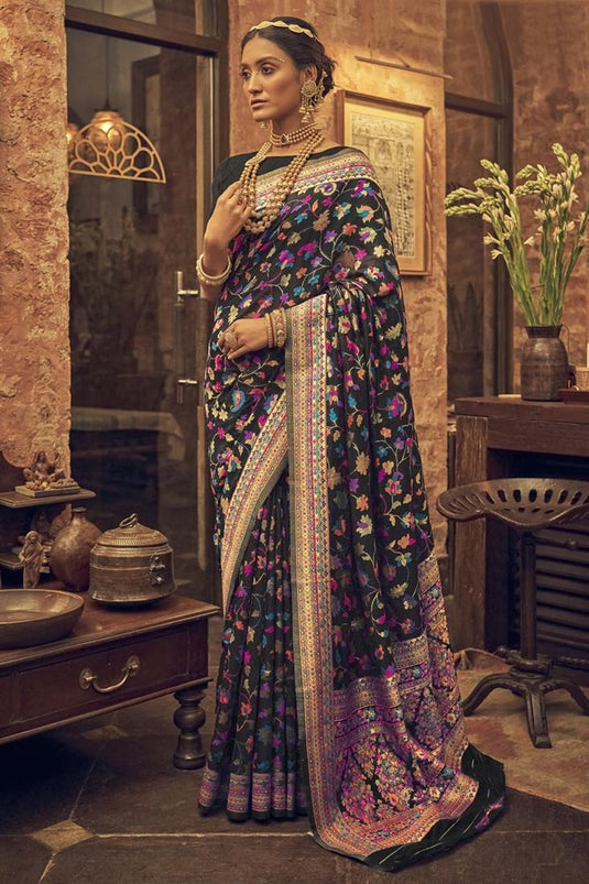 Incredible Kashmiri Silk Fabric Black Color Printed Saree