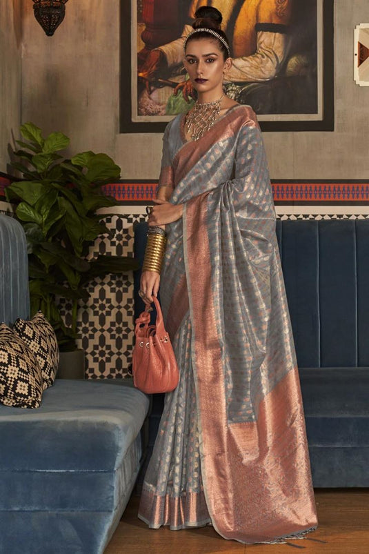 Function Wear Art Silk Fabric Grey Color Tempting Saree