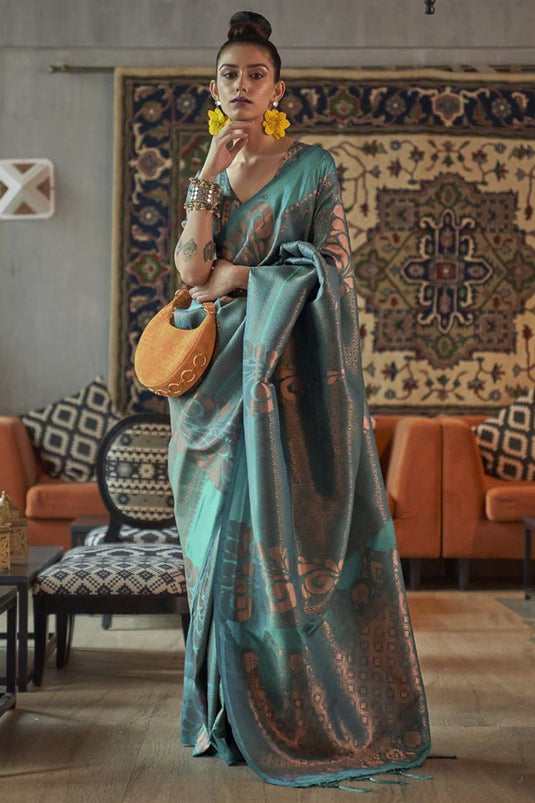 Elegant Art Silk Fabric Cyan Color Function Wear Saree